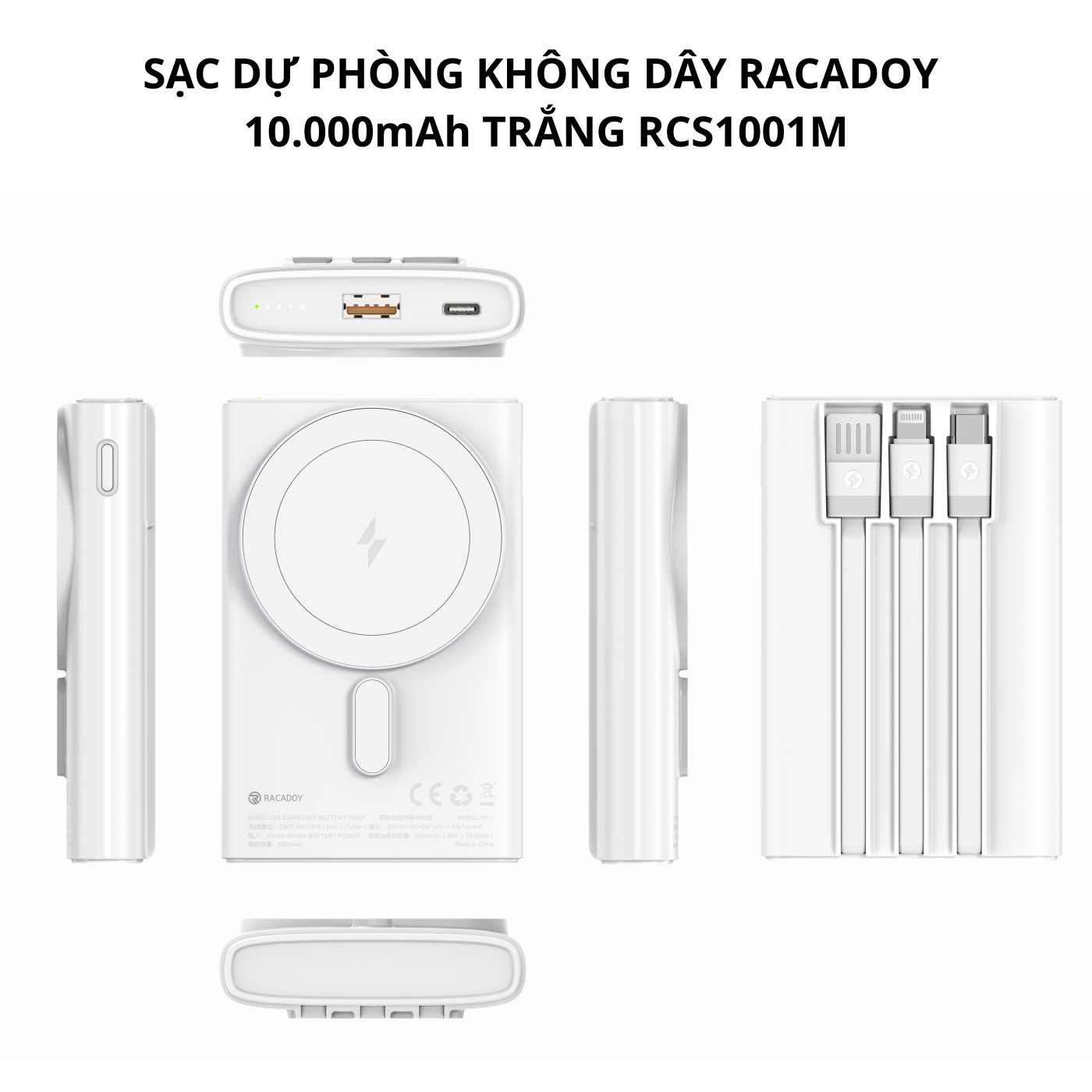 Sạc dự phòng không dây RACADOY 10.000MaH Trắng RCS1001M