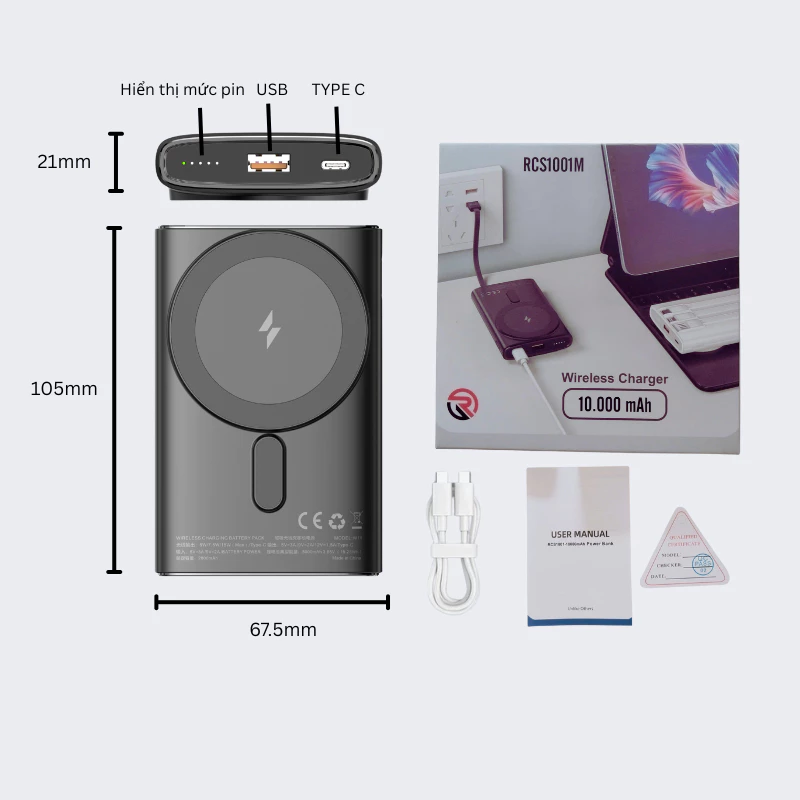 Sạc dự phòng không dây RACADOY 10.000mAh đen RCS1001M